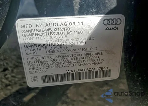 2012 Audi Q5 Premium Plus из США, поврежденный, VIN WA1LFAFP8CA037540